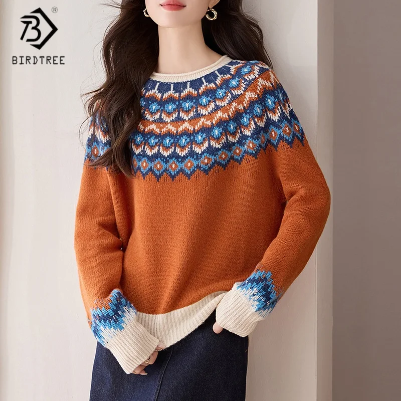 

Birdtree,100% Sheep Wool Knitted Sweater,Woman Jacquard O-neck Retro Knitwear,Autumn Winter Pullover,Orange,Navy Blue T5N518JF