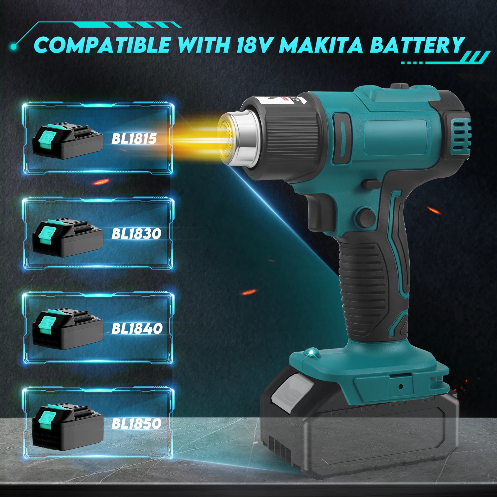 Kabelloser Heißluftföhn für Makita 18V Akku, 3-5 Sekunden schnelle Aufheizzeit, 4 Düsen für Schrumpffolien, PVC-Rohrbiegung, Auto-Wickelung, doppelte Temperaturregelung, LED-Licht, ergonomischer Griff