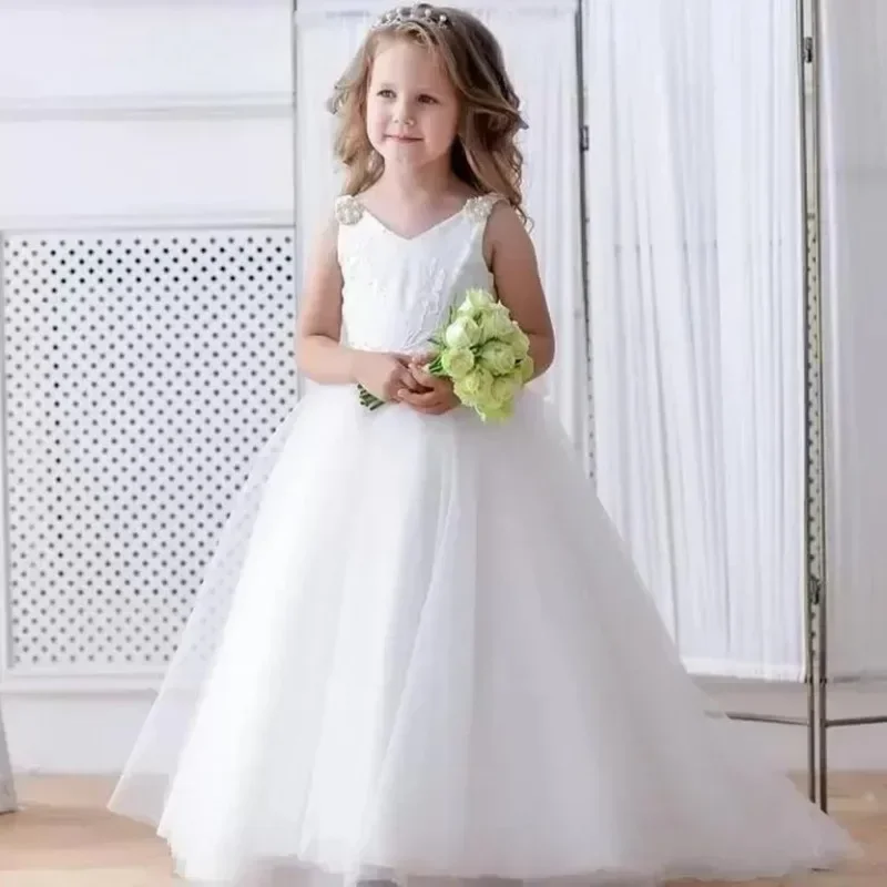 

White Flower Girl Dress V-neck Bead Toddler Backless Princess Baby Girl Prom Dress for Wedding Birthday Party Evening Gown