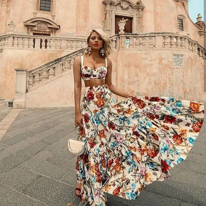 Summer Maxi Dress Women Sexy Two Piece Set Bohemian Print Long Dresses Sleeveless Elegant Women Beach Dress