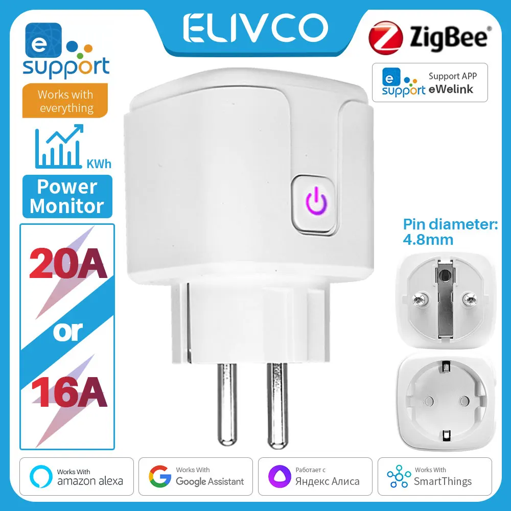 Enchufe inteligente Zigbee eWelink, enchufe inteligente 16A/20A, Control remoto por aplicación, función de monitoreo de energía, compatible con asistente de Google/Alexa