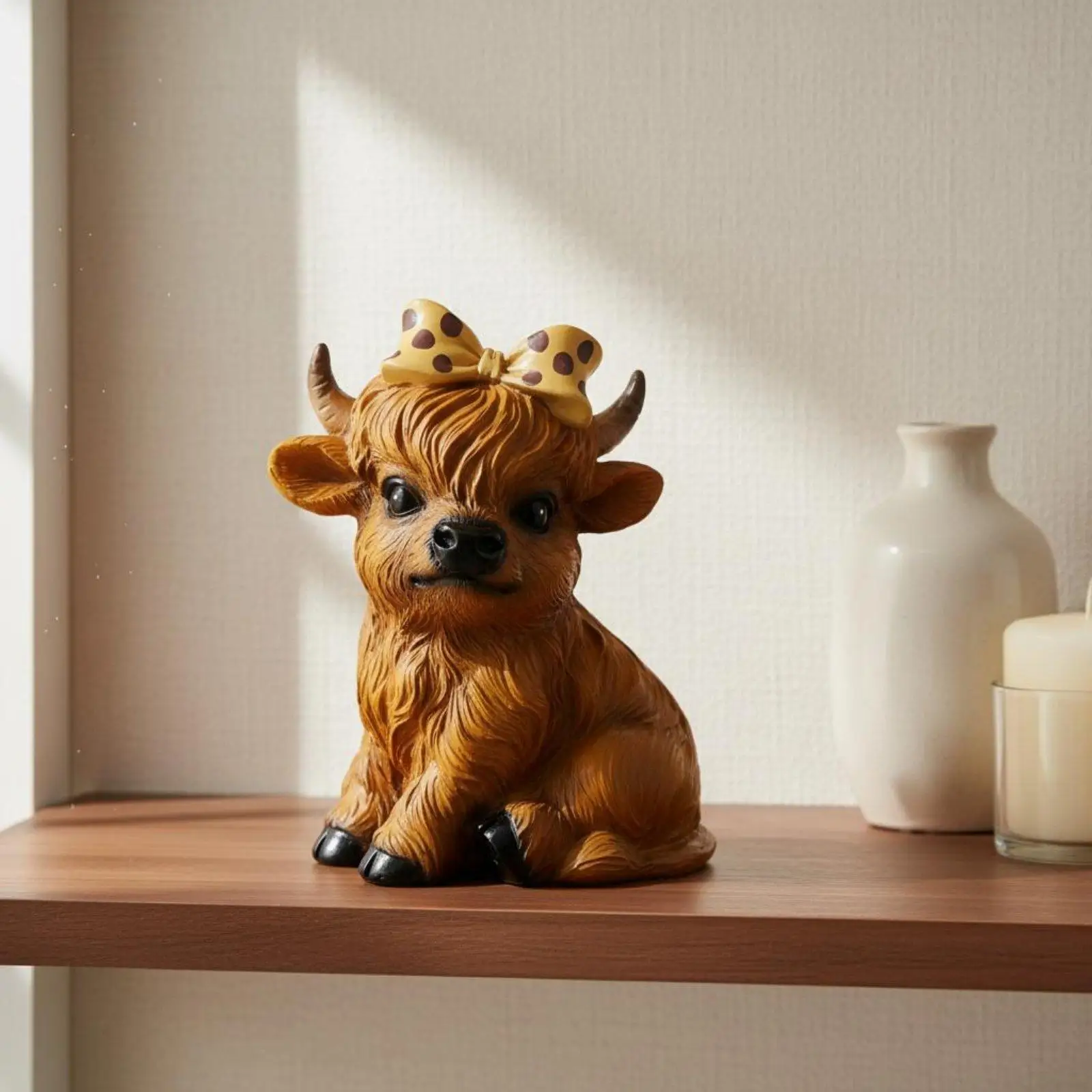 Charming Resin Cow Figurine Scottish Highland Cattle Calf Statue Hand Painted Decor for Office Shelf Nature Lover Gift