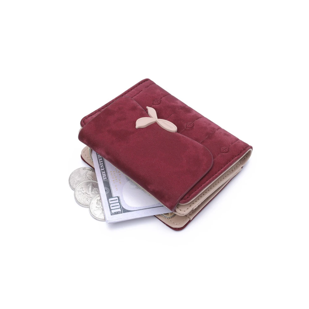 Soft PU Leather Short Wallet Women Chic Compact Wallet with Leaf Buckle Zipper Foldable Multi-Function Coin Purse