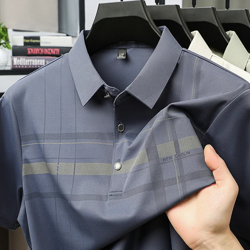 Herren-Poloshirt mit Karomuster, atmungsaktives, schnell trocknendes Material, kurzärmliges Oberteil mit Revers für Business und Alltag