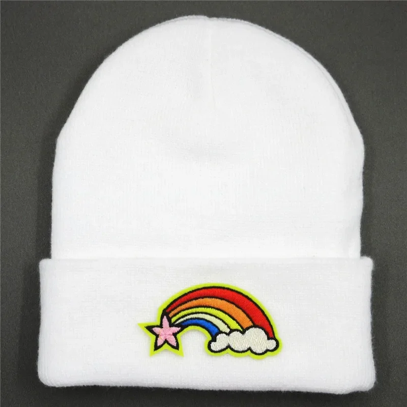 Winter Warm Rainbow Embroidery Cotton Thicken Knitted Hat Skullies Cap Beanie Hat for Men and Women 149