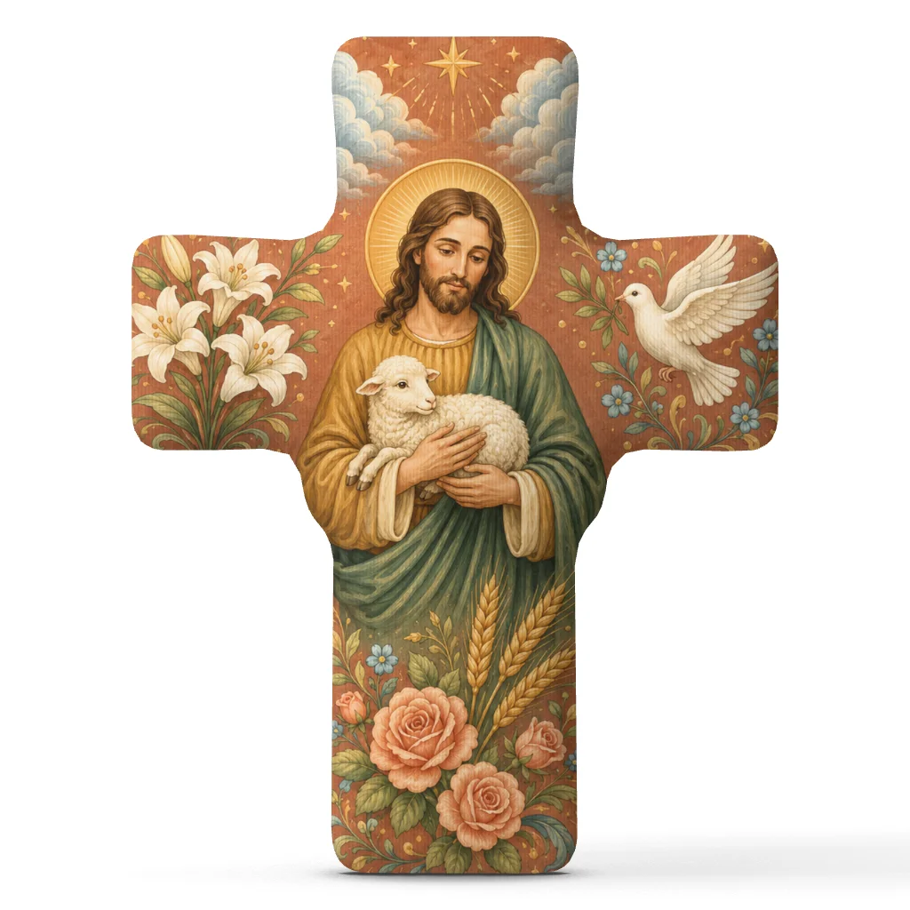 Jesus Good Shepherd Cross Pillow Christian Faith Cushion Lamb and Dove Shaped Stuffed Throw Pillow Religious Home Decor Gift