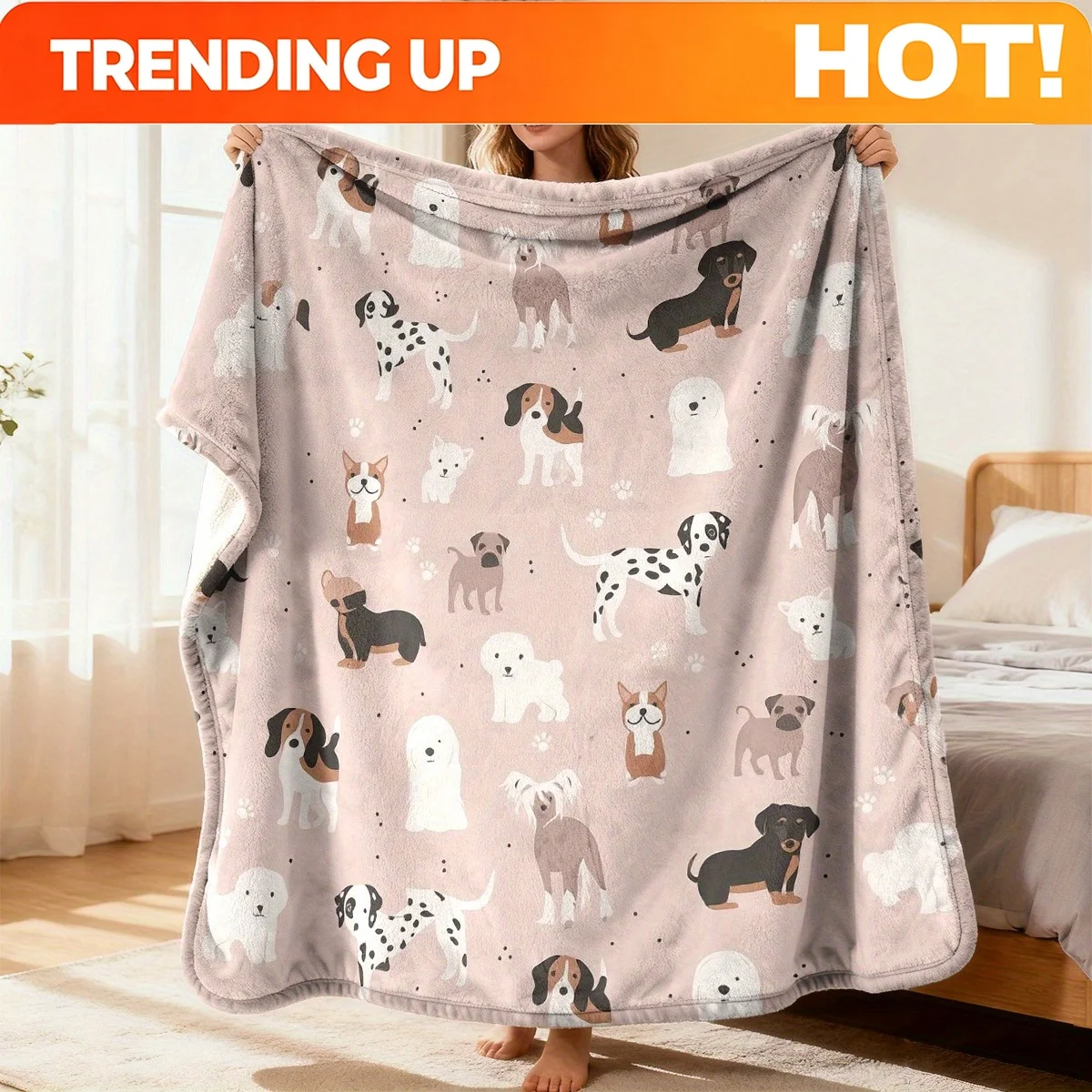 Customize [All-season Blanket]Adorable Canine in Pastel PinkDurable Premium Flannel Noon Break Blanket with Personality Print Su