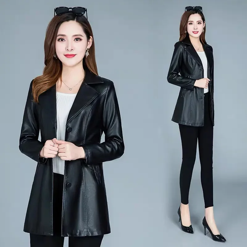 Women Leather Jacket 2023 Spring Autumn Mid-Long Slim Leather Coat Female Single-breasted Solid Color Windbreaker Outerwear 6XL