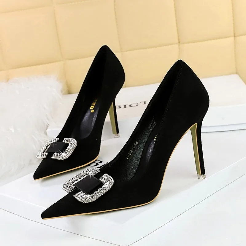 

BIGTREE Women Pumps Shoes Bride Pointed Toe Platform Heels Wedding Rhinestone Flock 9CM Thin Heels Elegant Dress Woman Shoes