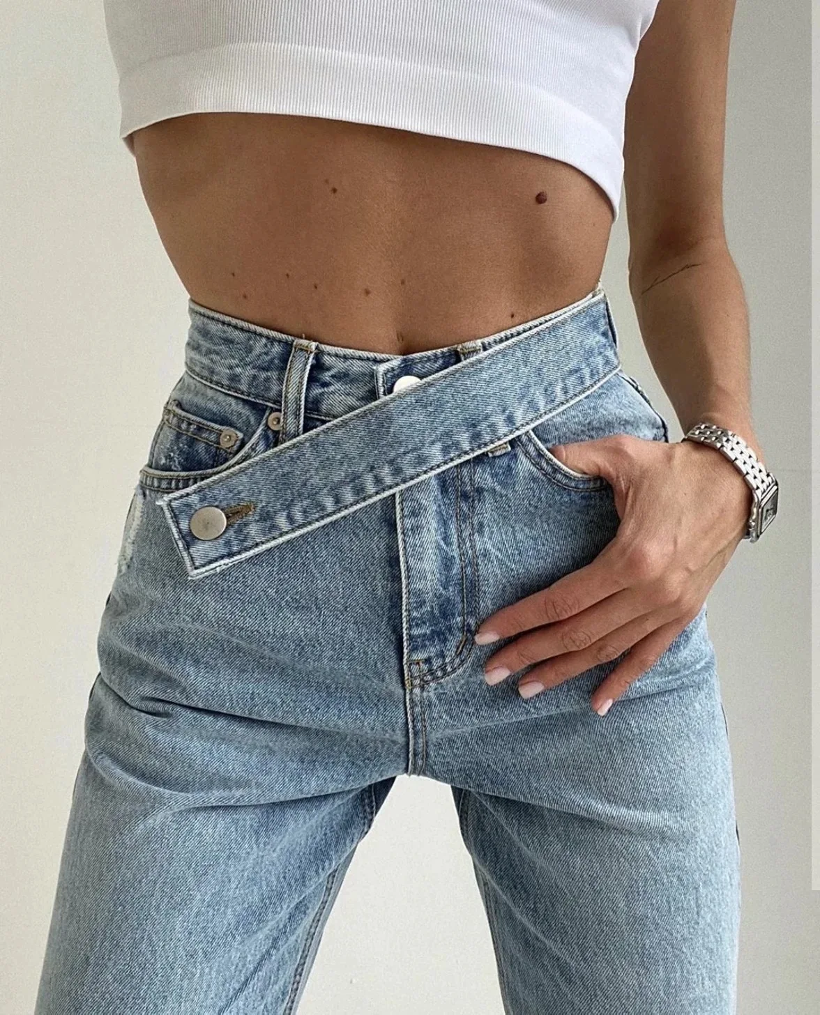 

Woman Casual Loose Harajuku Denim Pants Spring Women Straight Leg Jeans Irregular Belt High Waisted Boyfriend Jeans