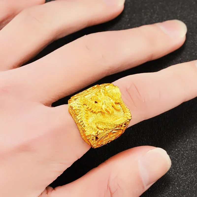 Genuine 999 Gold Color Dragon Ring for Men Bro Thick Ring Gift Adjustable Rings Jewelry Gifts Accessories Oro pure De 24 k Rings