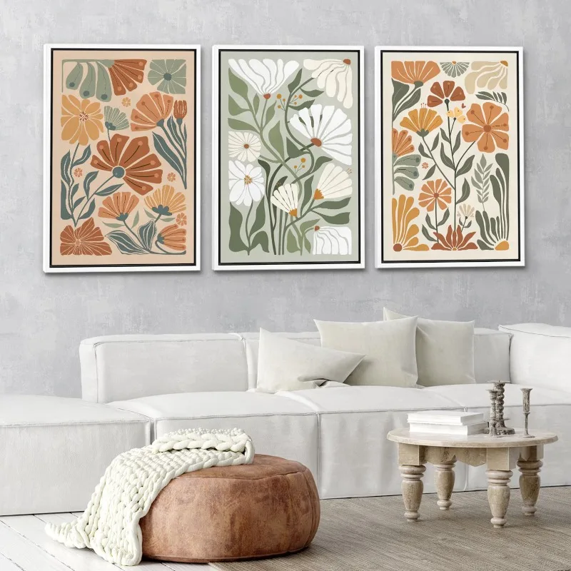 3pcs frameless Canvas Painting Frameless Retro Floral Wall Art Set of 3, Scandinavian Botanical Canvas Prints, Mid Century Moder