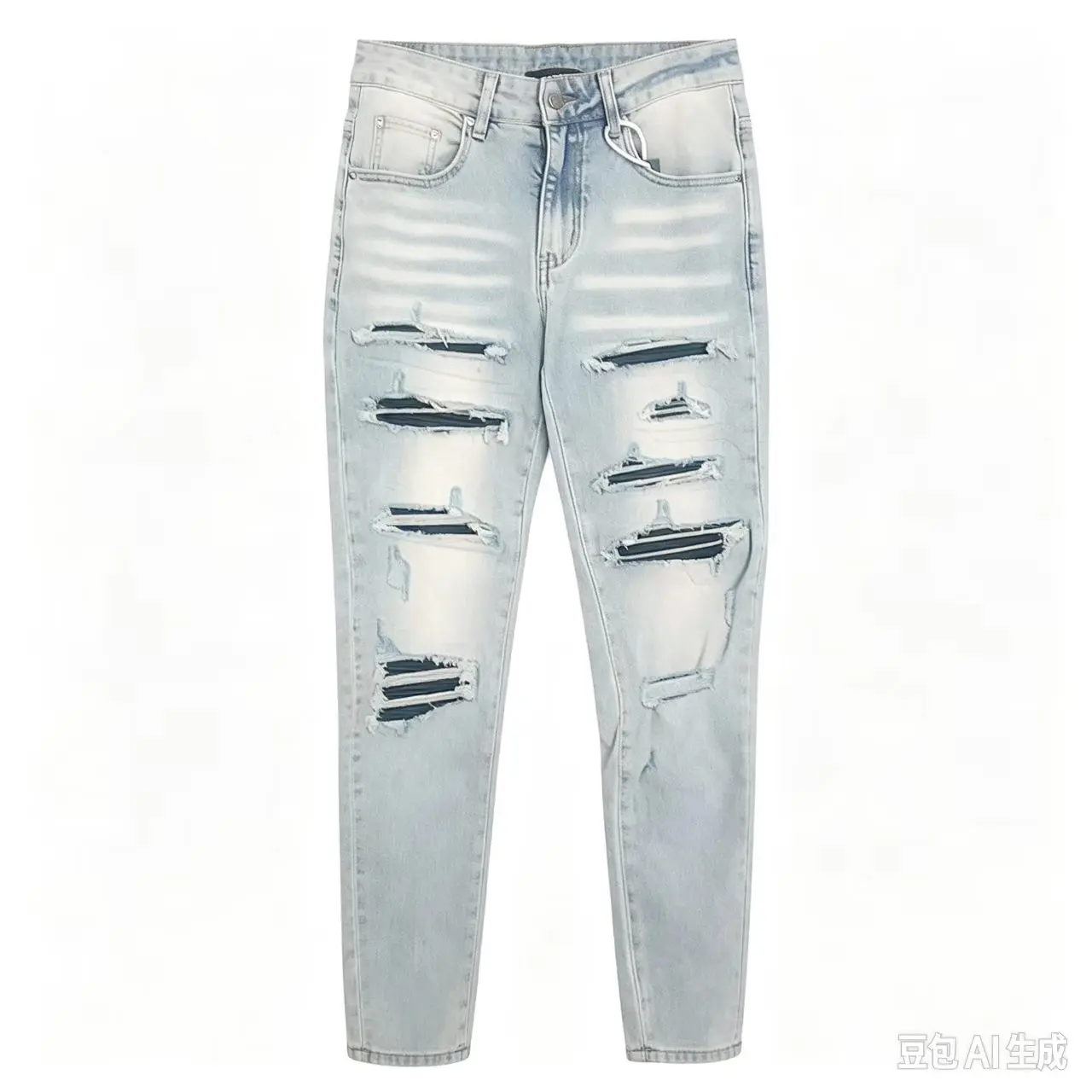 Designer men's fashionable light blue jeans with perforated patches, washed and worn elastic tight tapered pants, hombre