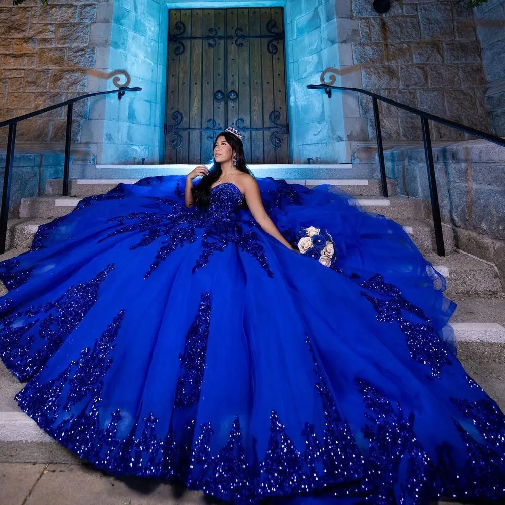 Blue Ball Gown Quinceanera Dress 2024 Long Train Ruffle Princess Tulle Vestidos De 15 Años Birthday Party Sweet 16 Dress 2023