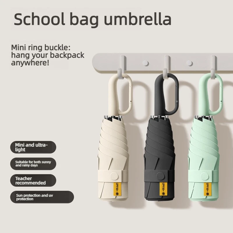 Portable Buckle Handle Mini Umbrella Folding Umbrella with Five Fold Full Blackout Black Rubber Sunscreen Umbrella, UV Resistant