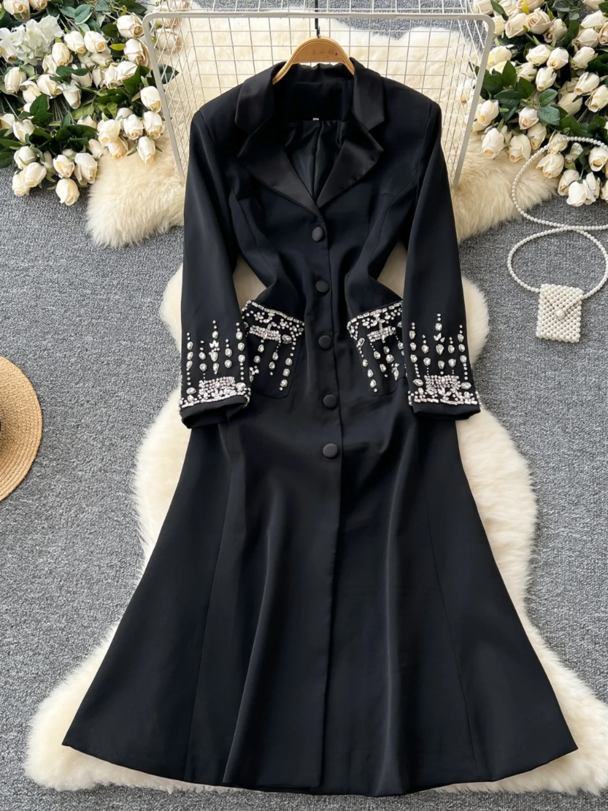 Autumn Winter Chain Tassels Beaded Trench Blazer Dress Women Suit Coat Long Sleeve Solid Office Lady Work Dresses Windbreaks