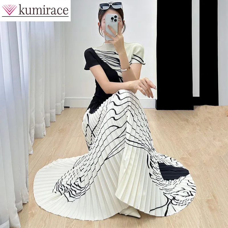 Summer Fashion Set Women's Elegant Short Sleeved Printed T-shirt Medium Length Wrinkled Half Skirt Two Piece Set Dress Sets