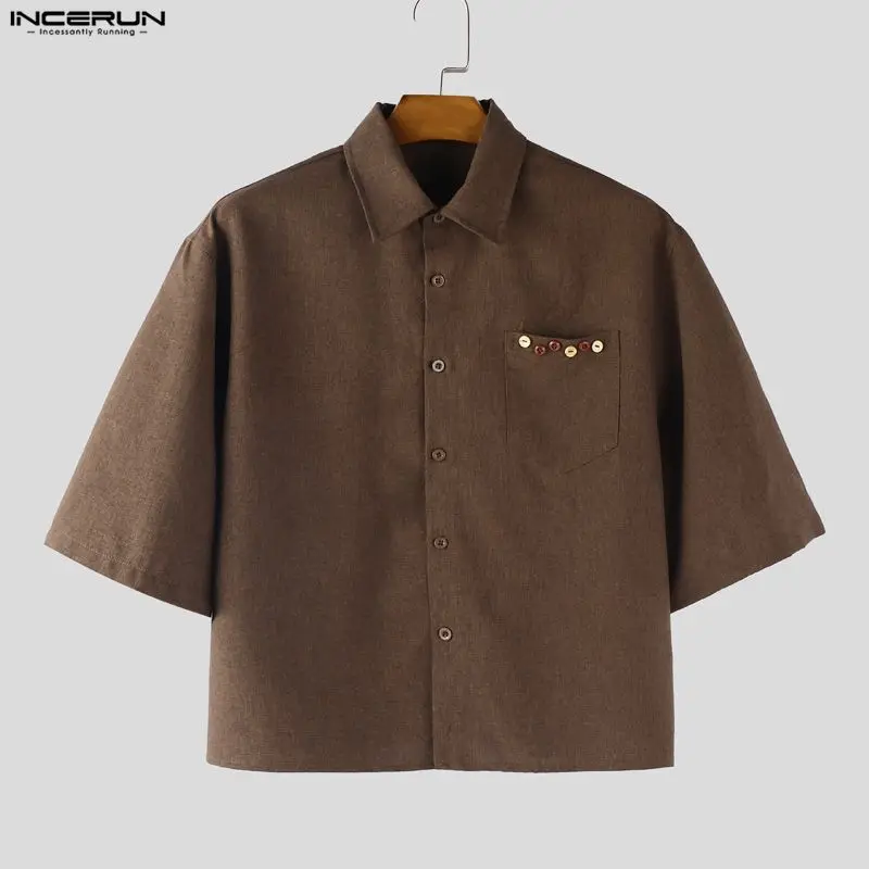 

Men's Shirt INCERUN Solid Color Streetwear Lapel Short Sleeve Tops Summer Men Clothes Loose Korean Style Fashion Shirts For Man