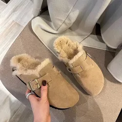 Nieuwe Vrouwen Slippers Bont Flats Korte Pluche Muilezels Schoenen Vrouwen Mode Gesp Zachte Zool Katoenen Schoenen Suède Thuis Warme Slippers Muilezels