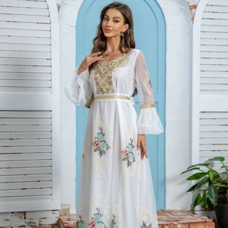 

Middle East New Women Muslim Dubai Elegant Evening Dress Applique Embroidered Mesh Ladies Dress abayat long dress