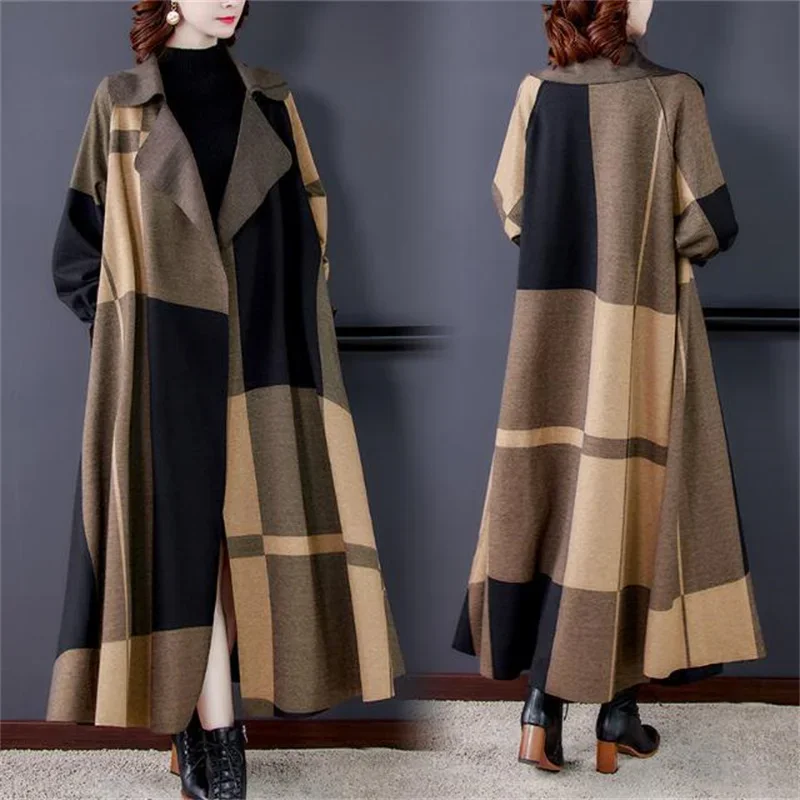 2024 Spring Autumn New Trench Women's Long and Slim Skin Fashion and Elegant Loose Plaid Coat Over Knee Long Coat