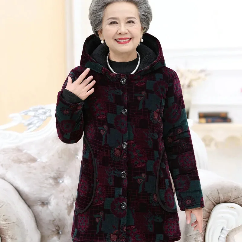 Grandma\'s Clothes Padded With Velvet Cotton-Padded Jacket\'s Elderly Women Wear Winter Medium Long Old Lady Corduroy Hooded Coat