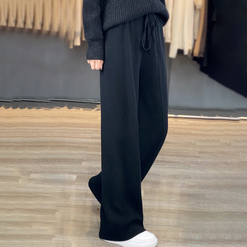 100% pure wool two-piece women\'s autumn and winter new round neck loose casual long-sleeved sweater cashmere pants suit