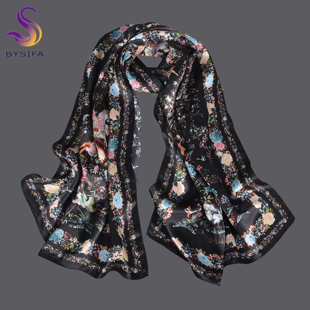 BYSIFA|Brand Black 100% Mulberry Silk Scarf Shawl Women Fall Winter New Floral Bird Design Fashion Long Scarves Echarp170*53cm