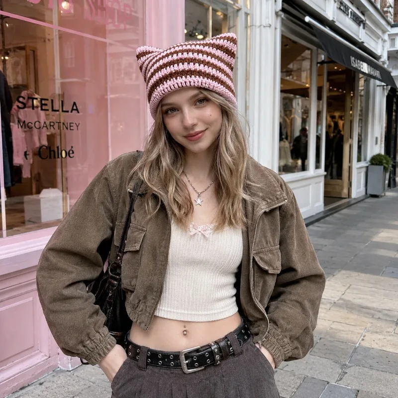 Cute Striped Cat Ear Hook Woven Hat, Handmade Hollowed Out Knitted Hat, Instagram Style Women's Creative Casual Hat