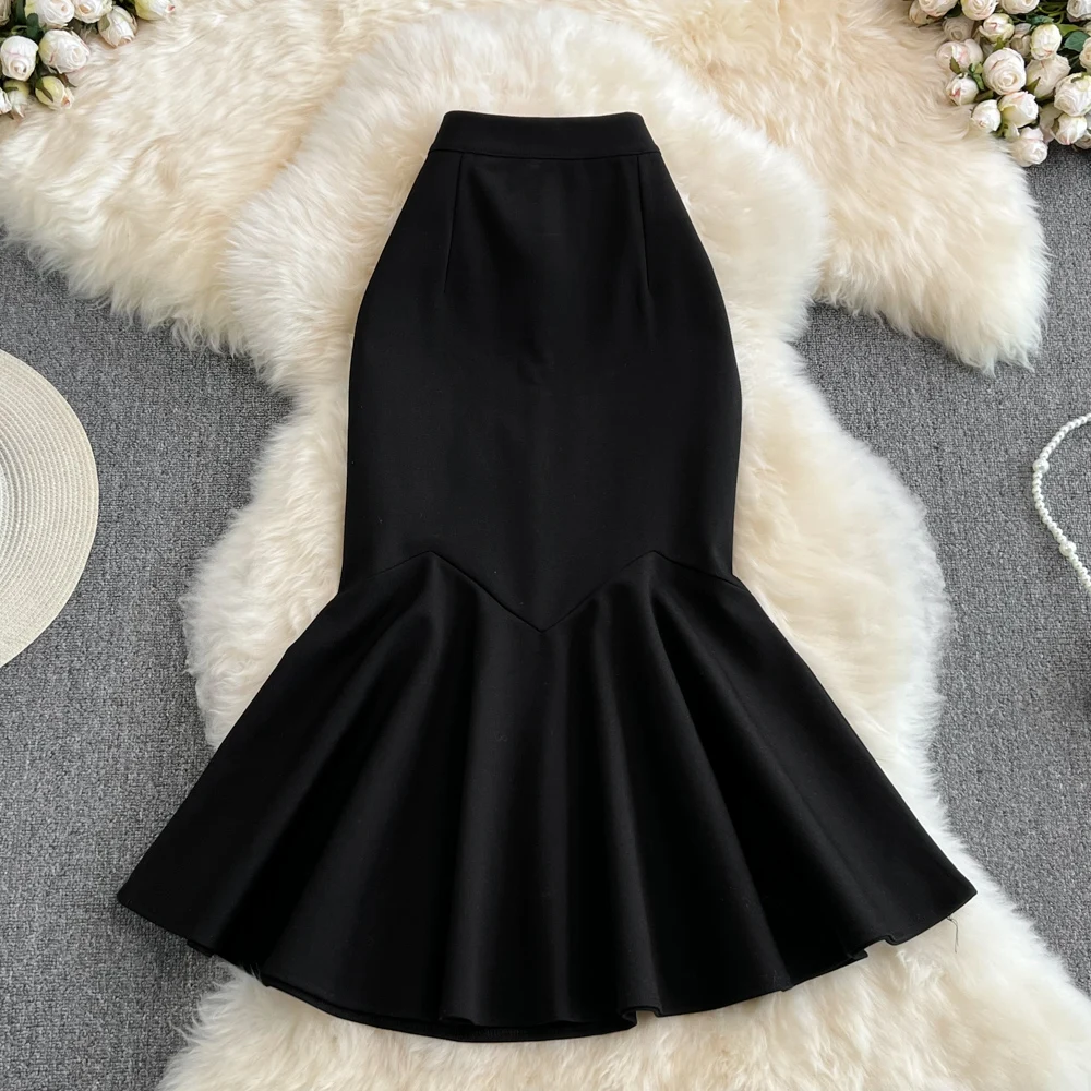 Spring Autumn Slim Fit OL Professional Half Skirt Midi Irregular Fish Tail Skirt Versatile Wrap Skirt Pleated Half Skirt