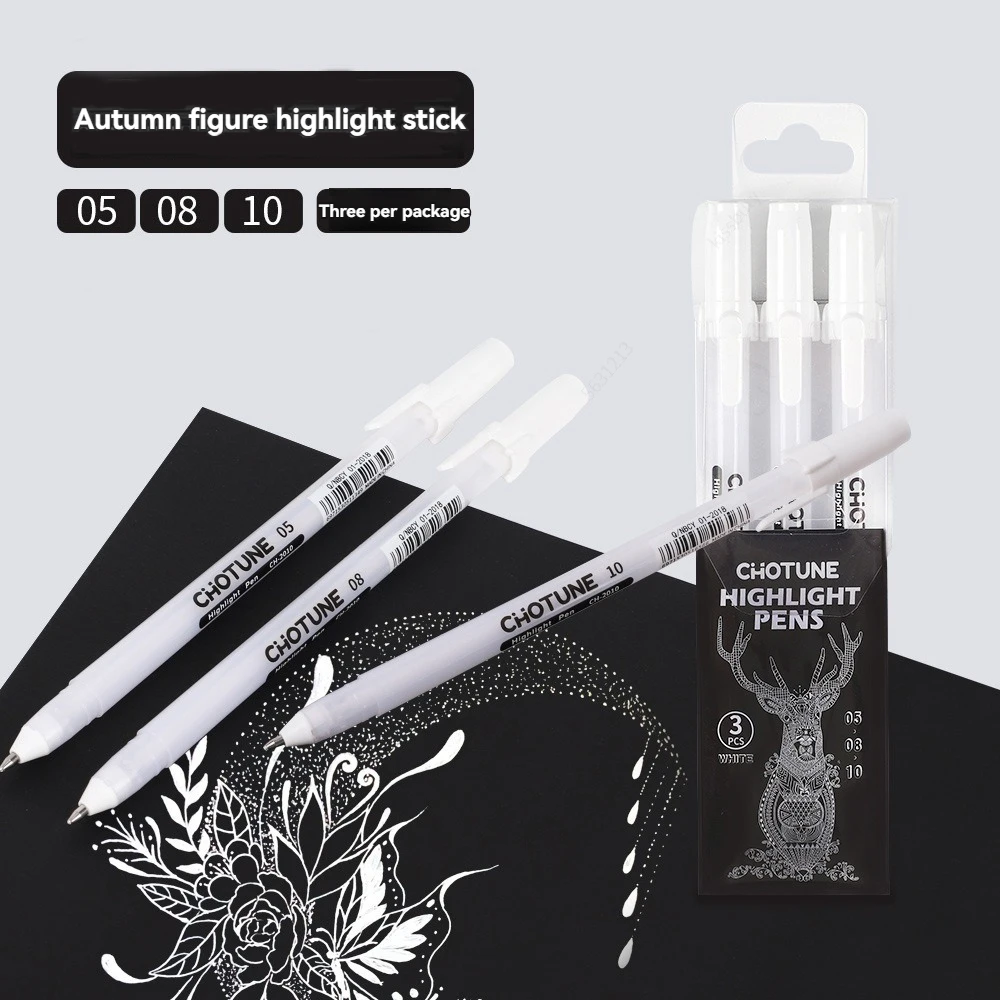 3Pcs/Set 0.5/0.8/1.0mm Gelly Roll Gel Pens White Highlight Marker for Journaling Art Drawing Classic White Ink Assorted Point