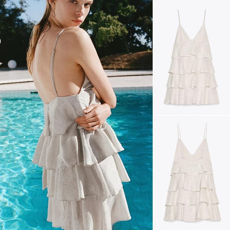 Verão feminino ort dr metal cor emenda v-ne strapl em camadas decoração fibra de poliéster 00% dr 6344