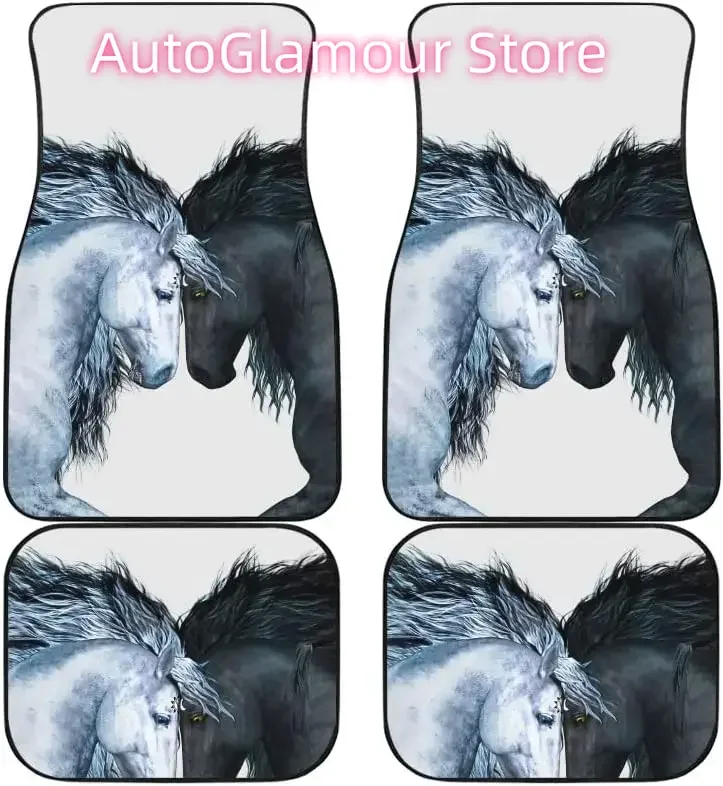 

Автомобильные коврики для лошадей Черная лошадь и белая лошадь Индивидуальные автомобильные коврики, универсальные автомобильные коврики, набор из 4 предметов, подходят для большинства автомобилей