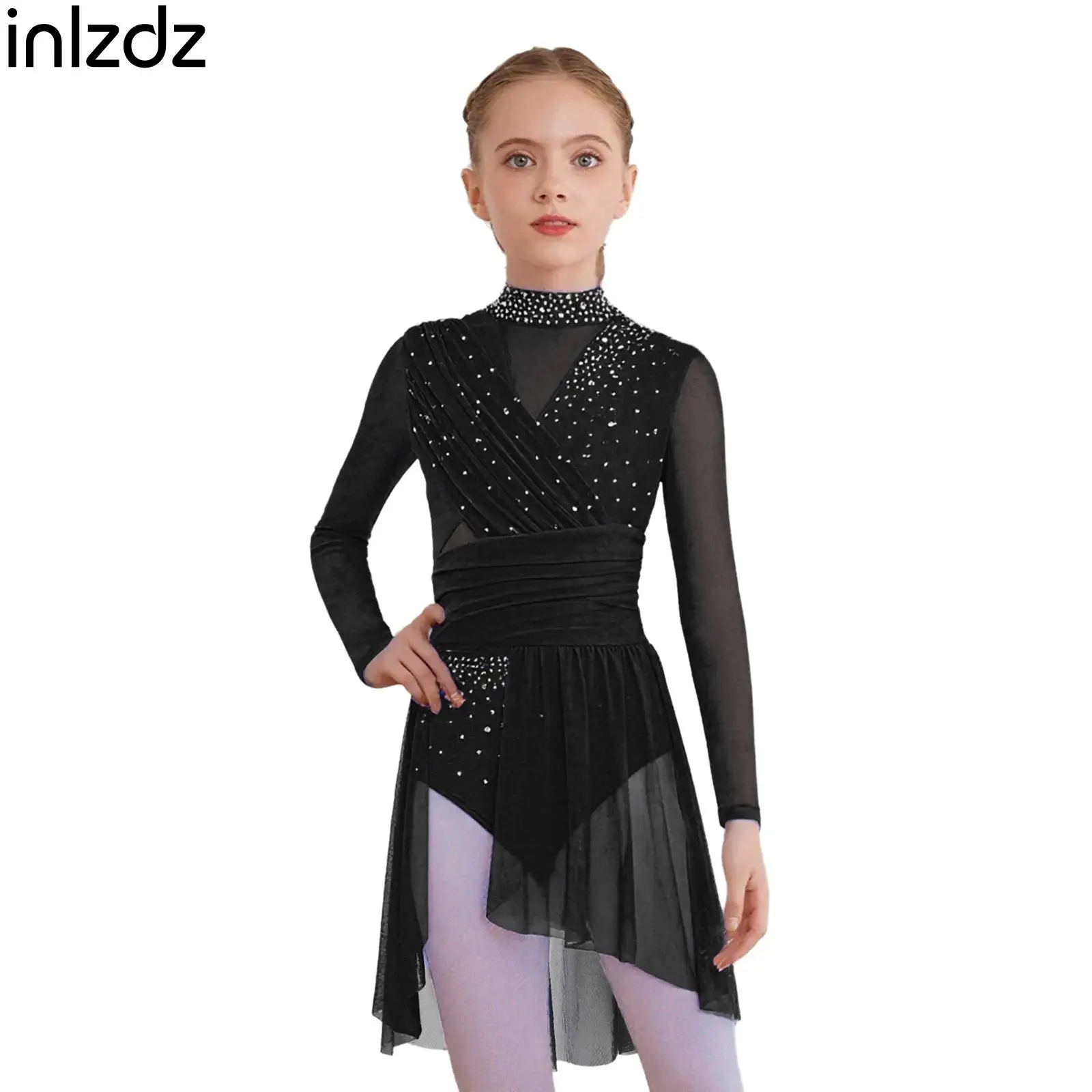 

Children Girls Modern Lyrical Dance Costume Dress Cutout Back Side Split Sheer Mesh Ruched Glittery Rhinestones Dress Dancewear