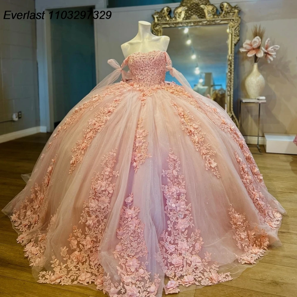 

EVLAST Princess Pink Quinceanera Dress Ball Gown Floral Lace Applique Beading Tie Bow Corset Sweet 16 Vestido De 15 Anos TQD985