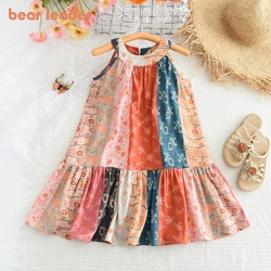 Bear Leader Ethnic Style Fragmented Flower Splicing Sling Dress Summer Ootd for Kids Girl Sleeveless Neck Hanging Dressess