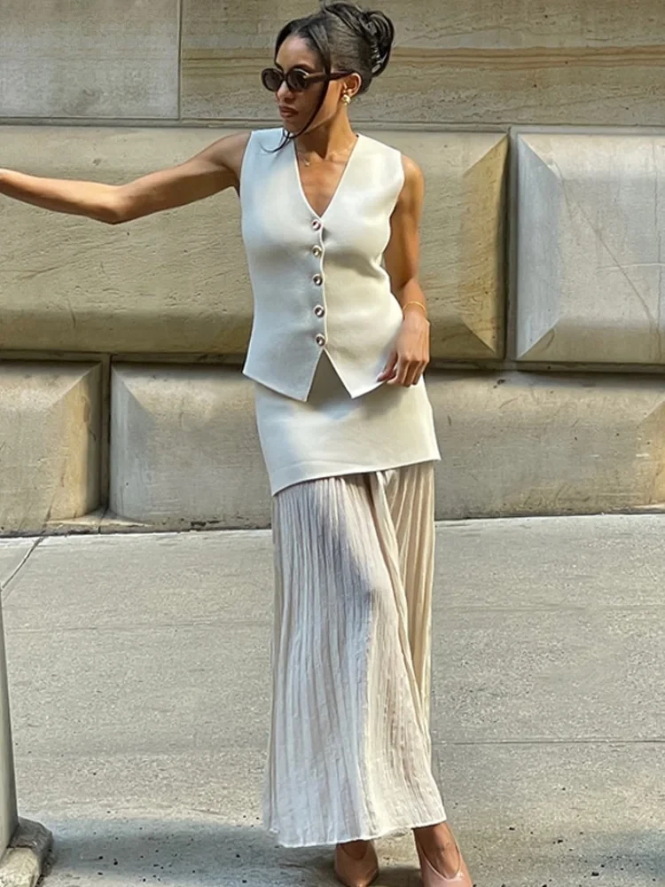 

Elegant Knit Vest Pleated Skirt Set Women V-neck Button Top Patchwork High Waist Long Skirts Spring Summer Lady Solid Suit
