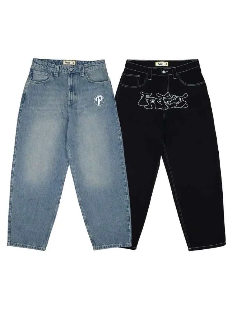 Jeans Baggy Azul Vintage masculino, Calça Hip Hop, Carta Bordada, Cintura Alta, Calças de Perna Larga, Streetwear de Proteção, Harajuku, Y2K