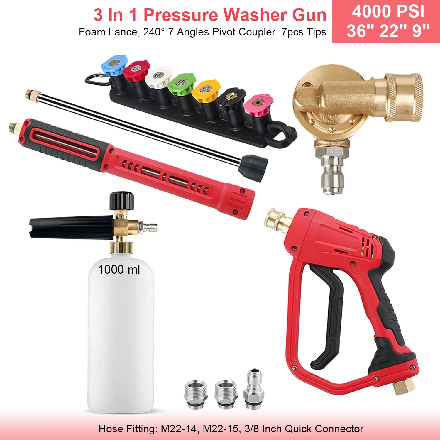 36 "In 4000 PSI Hogedrukreiniger Pistool Verlengstuk Nozzles Schuimlans 3 in 1 M22 14 15 mm 3/8 In Snelkoppeling Autoreiniger Kit