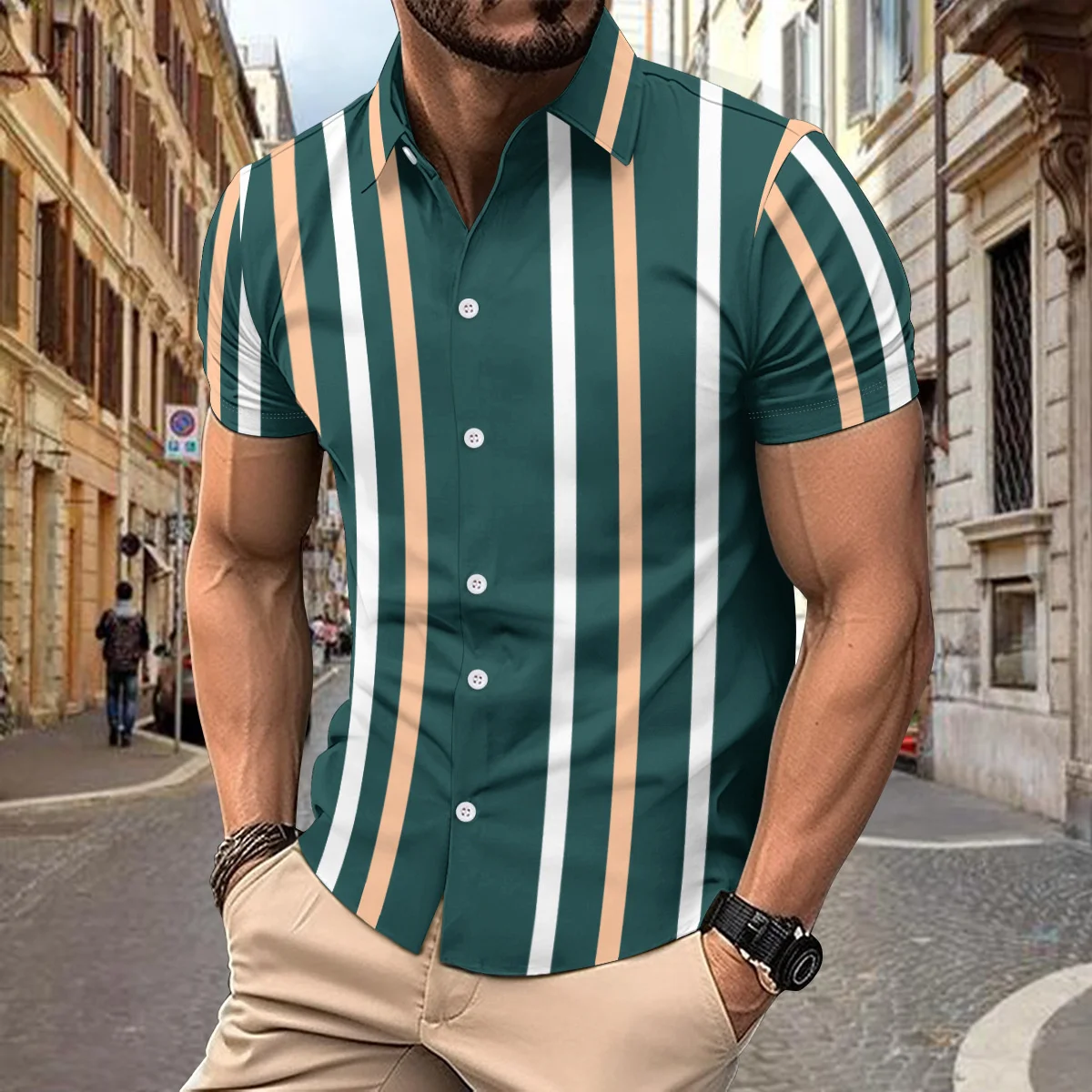 Outdoor Sport Casual Stijl Heren Zomer Gestreept Digitaal Print Lichtgewicht Ademend Losse Revers Shirt Met Korte Mouwen