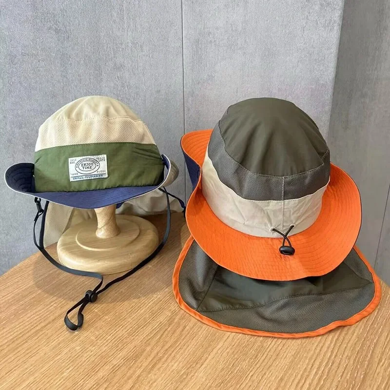 Kids Hat Ultraviolet-proof Sun Hat for Children Boy Girl Removable Scarf Wide Brim Bucket Hat Breathable Outdoor Sunscreen Hat