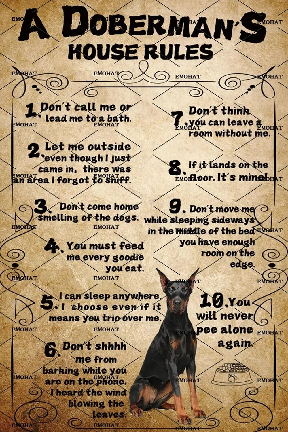 EMOHAT Funny Metal Tin Sign A Doberman's House Rules Metal Poster Home Office Farmhouse Kitchen Bathroom Living Room Bedroom