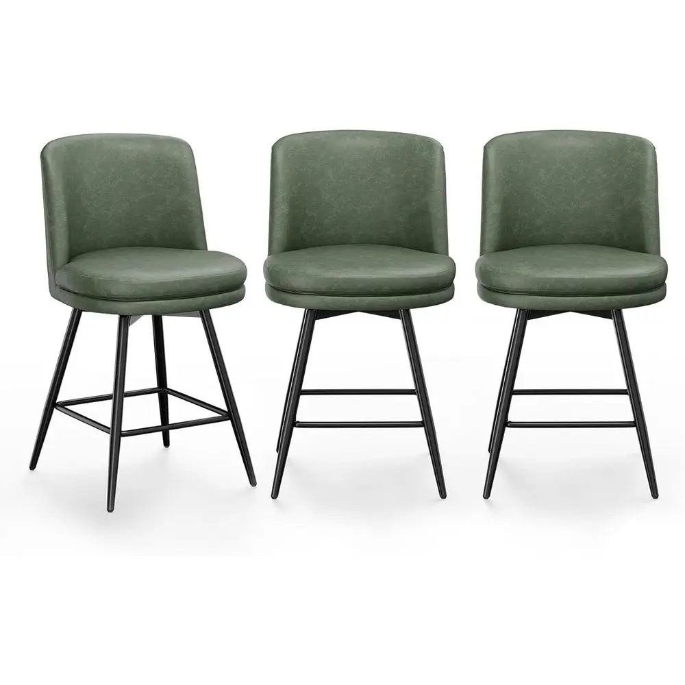 

Set of 3 Vintage Green PU Leather Swivel Bar Stools with Cushion, Metal Legs, Counter Height