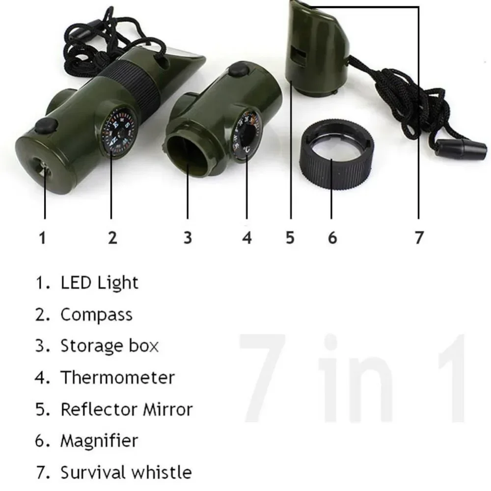 Sifflet de survie 7 en 1 pour randonnée dans la jungle, accessoire d'urgence avec boussole, miroir, lampe de poche, loupe, lumière LED, outil de rangement Therye.com