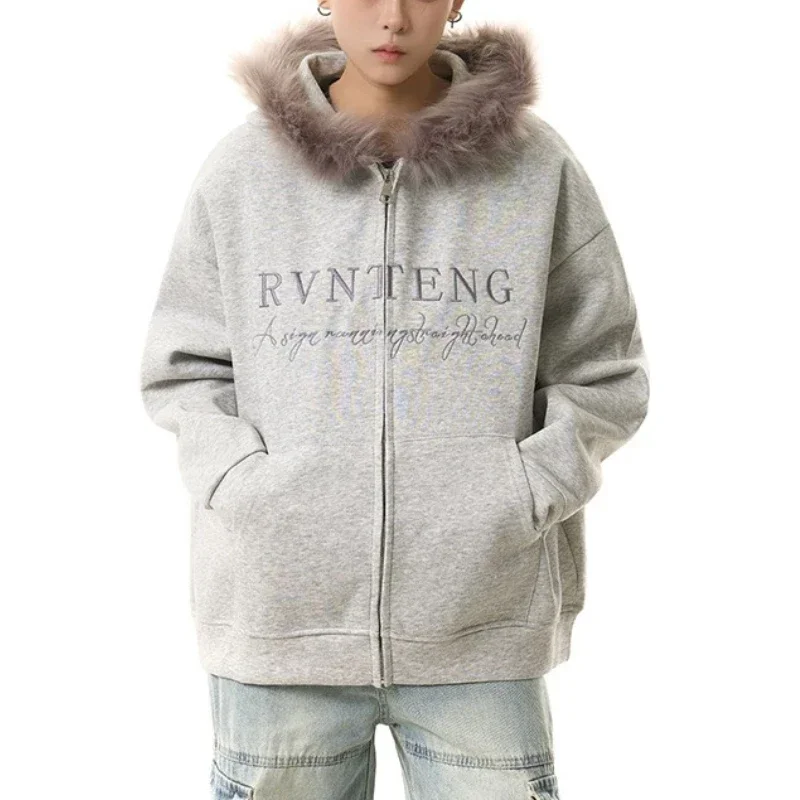 Deeptown Vintage Letter Zip Up Hoodies Women Grey Preppy Style Casual Hooded Sweatshirts Korean Oversized Autumn Winter Coat