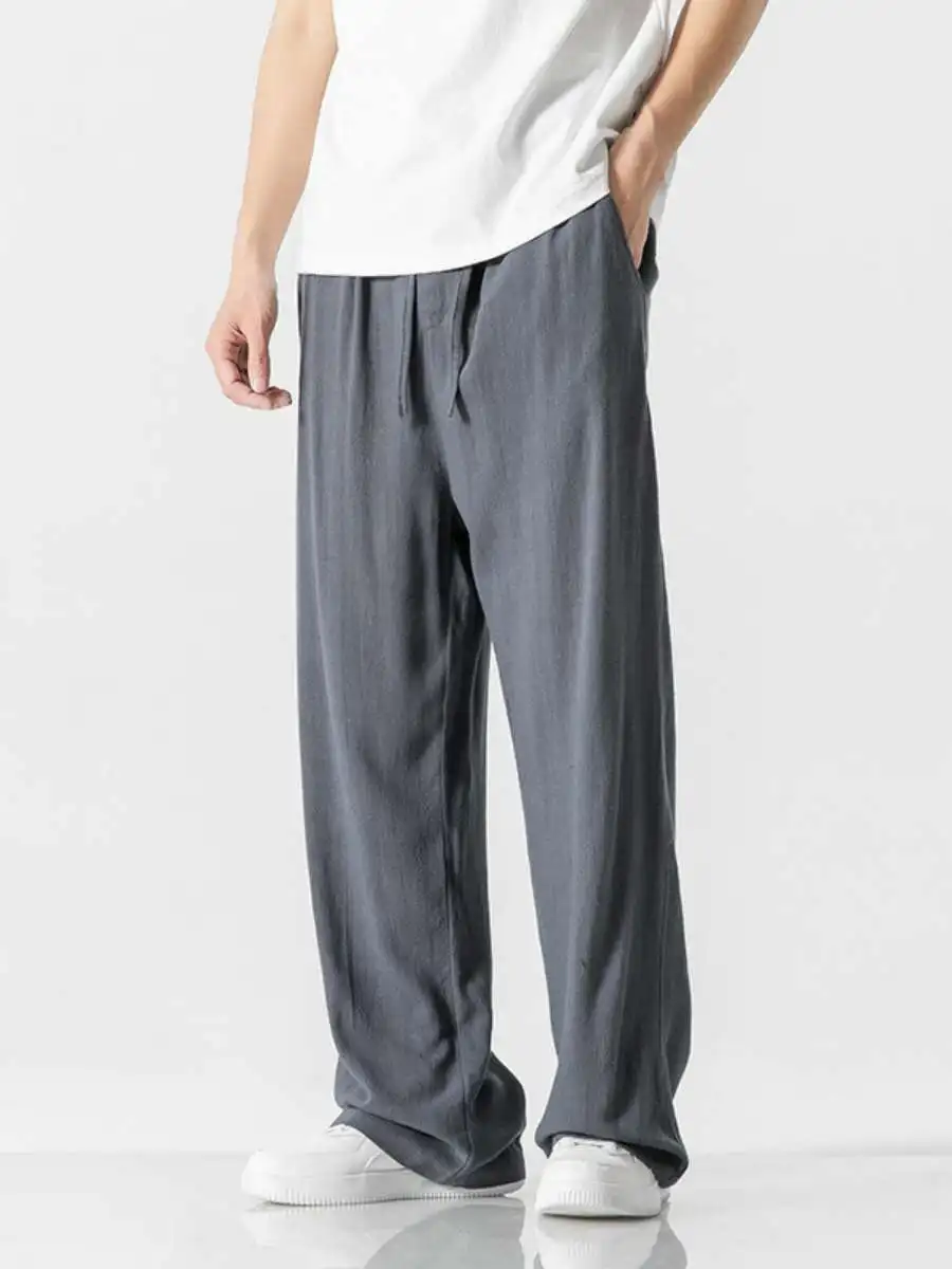 

Новые хлопковые льняные брюки прямого кроя для мужчин, летние, тонкие, дышащие, модные, свободного кроя, на молнии, однотонные