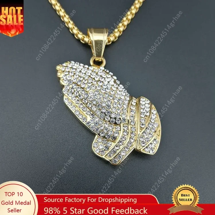 

hip hop 316L Stainless Steel Men Gold color prayer hand pendant necklace full zircon with 60cm cuban link chain women jewelry