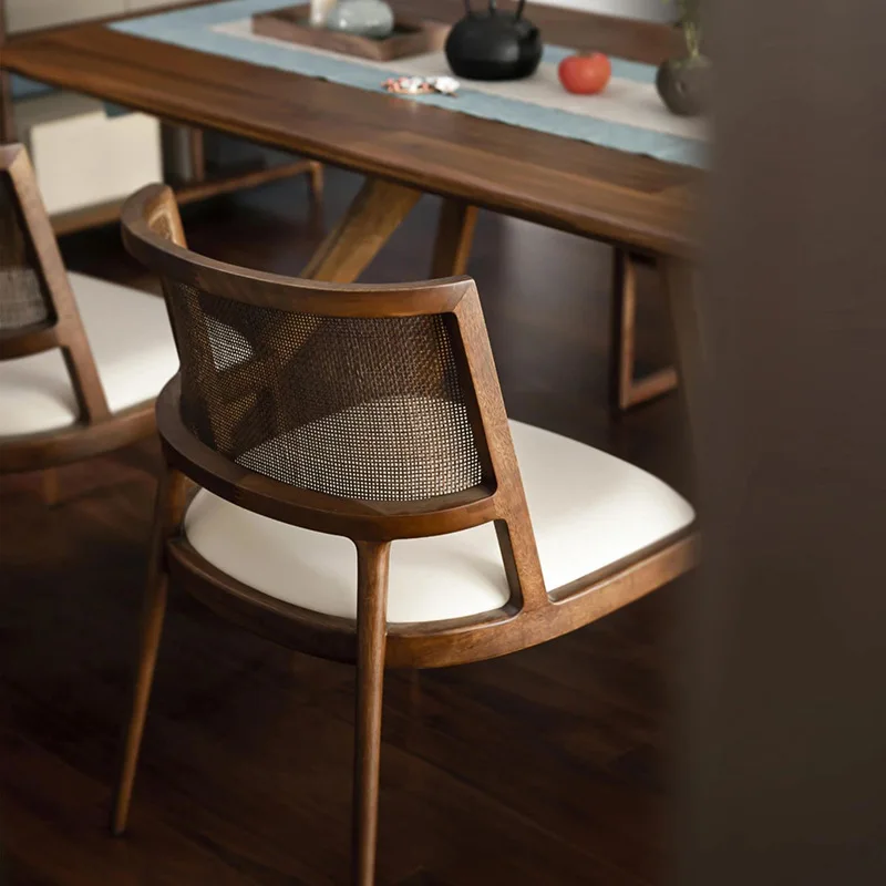 Southeast Asian Vintage Solid Wood Dining Chair – Upholstered Backrest Woven Rattan Nordic Designer Chair