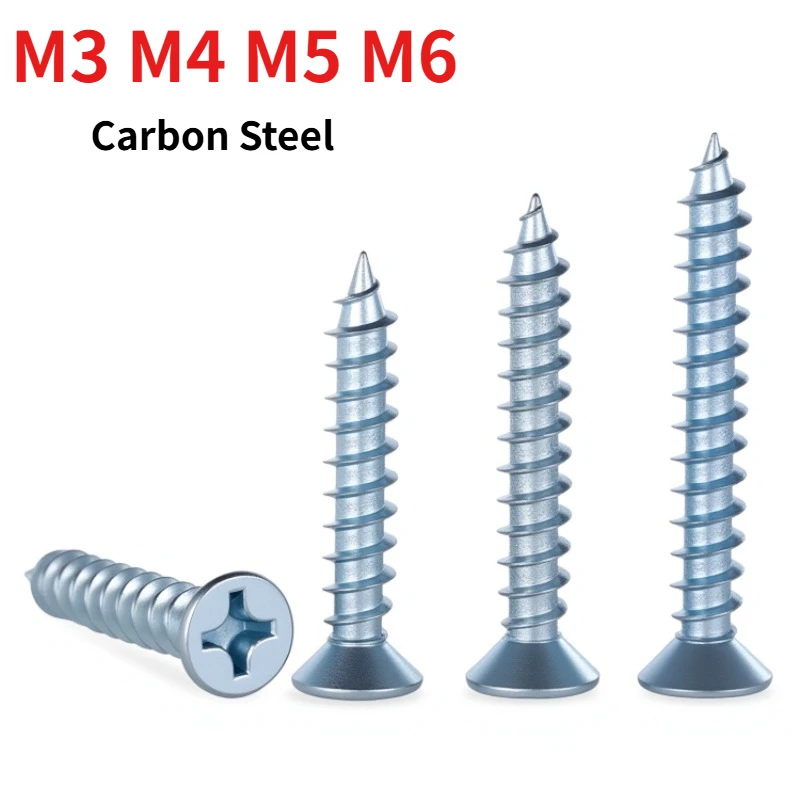M3 M4 M5 M6 High Hardness Carbon Steel Phillips Countersunk Self Tapping Screw Blue Zinc Plated Flat Head Sharp Point Wood Screw