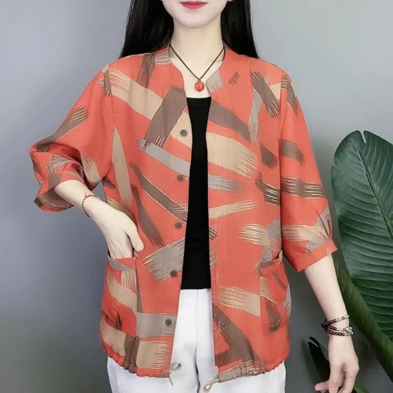 Casual Single-breasted Round Neck Shirt Fashion Hand-Painted Printed Women\'s Clothing Spring Summer Loose Pockets Spliced Blouse